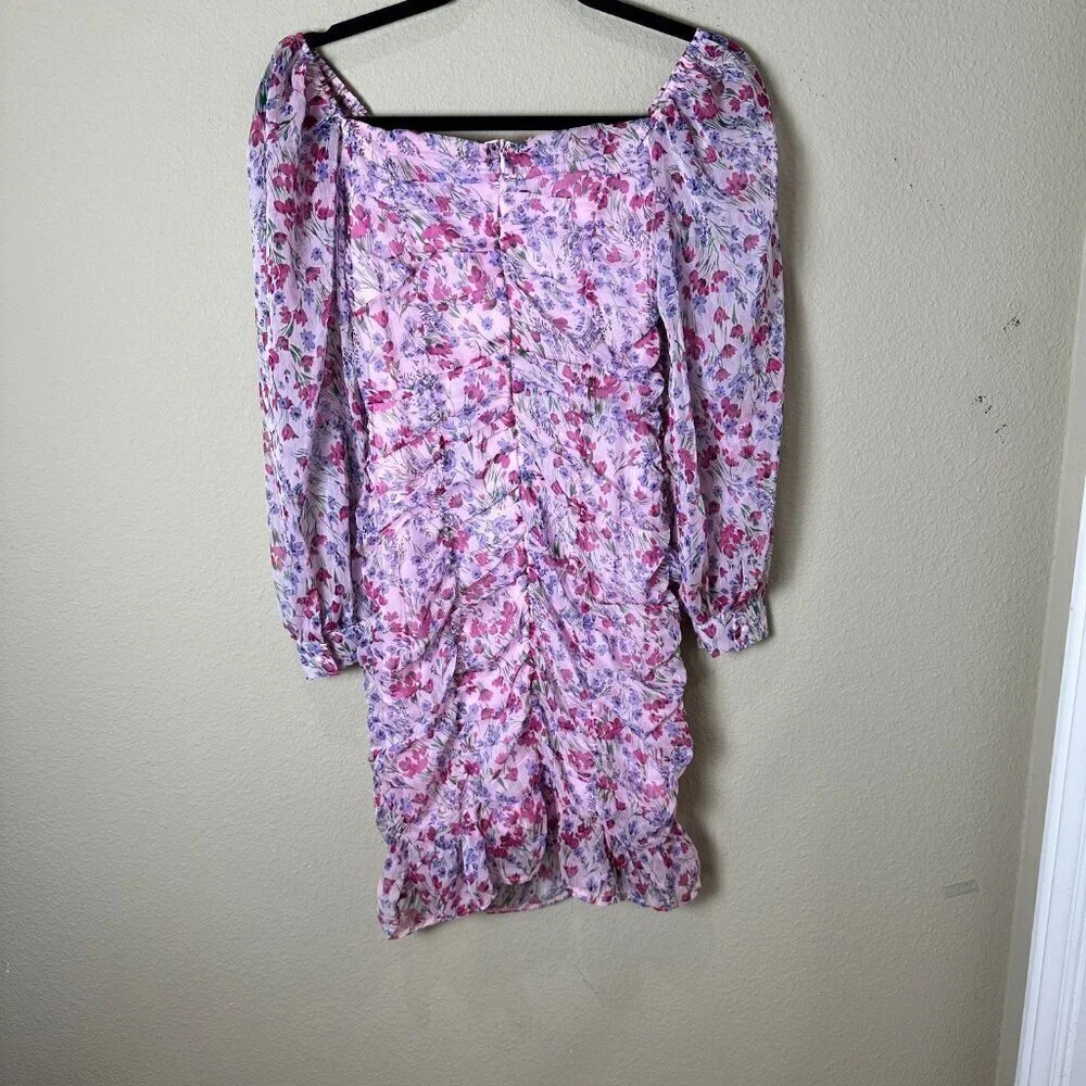ZARA Purple Pink Floral Ruched Sheer Long Sleeve Mini Dress Size Small